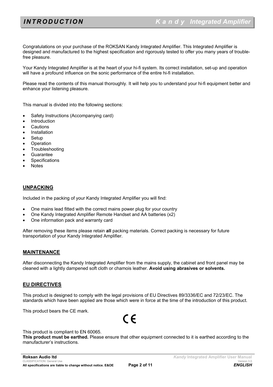 Integrated amplifier | Roksan Audio MkIII User Manual | Page 2 / 11