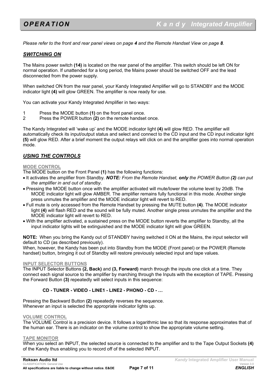 Integrated amplifier | Roksan Audio MkIII User Manual | Page 7 / 11
