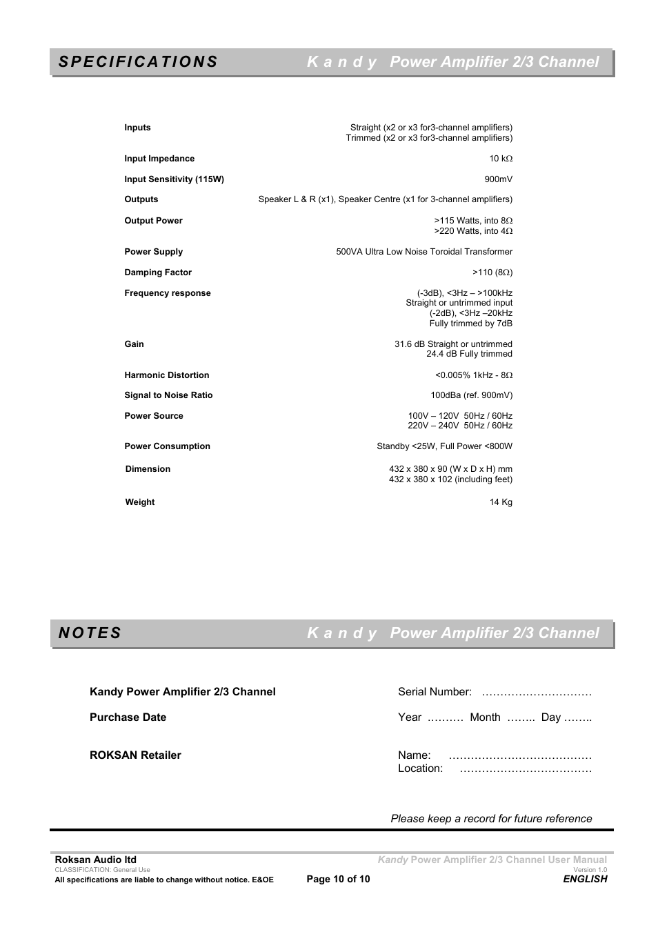 Power amplifier 2/3 channel | Roksan Audio KMA-2/3 User Manual | Page 10 / 10