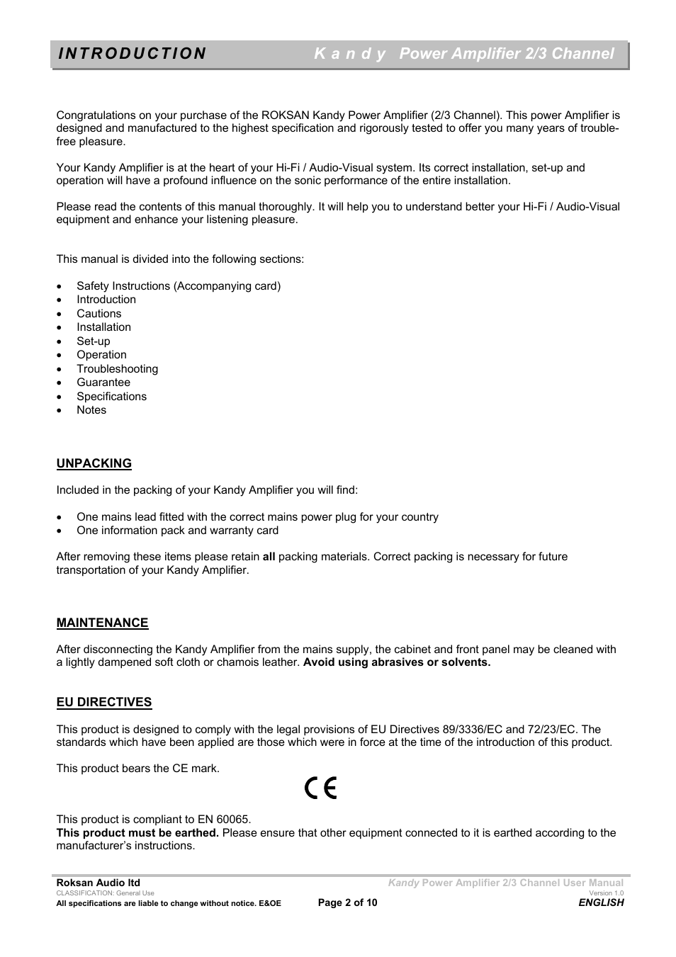 Power amplifier 2/3 channel | Roksan Audio KMA-2/3 User Manual | Page 2 / 10