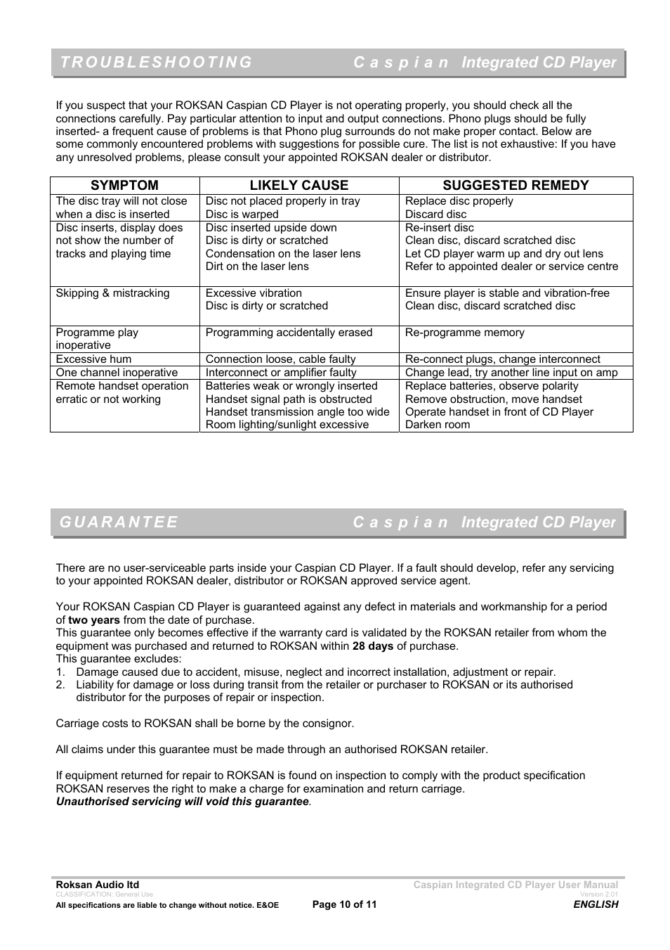 Integrated cd player | Roksan Audio Caspian INTEGRATED CD PLAYER User Manual | Page 10 / 11