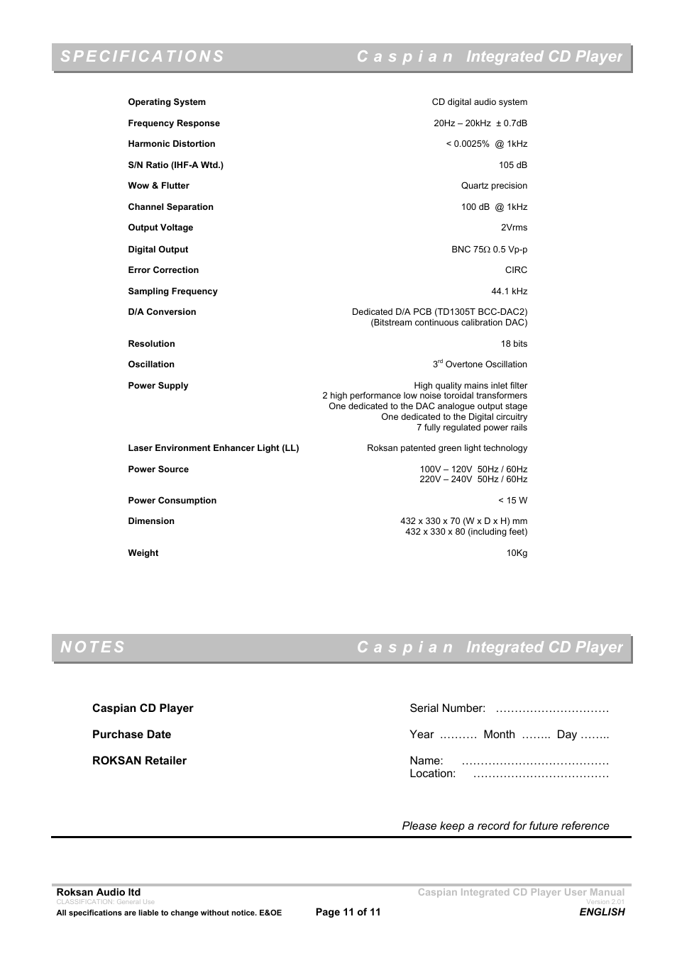Integrated cd player | Roksan Audio Caspian INTEGRATED CD PLAYER User Manual | Page 11 / 11