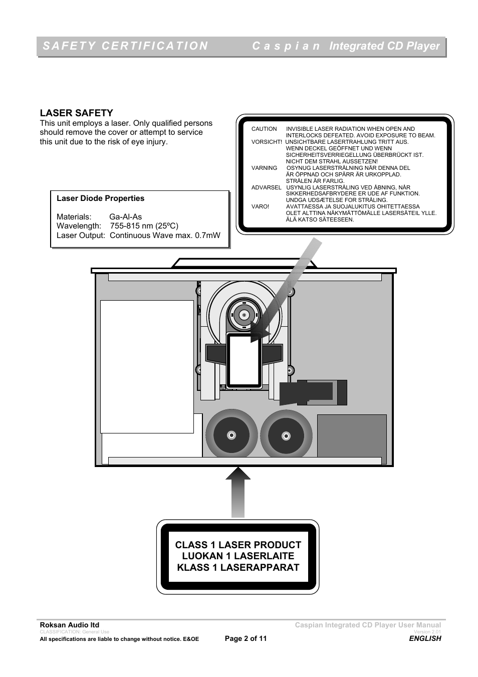 Integrated cd player, Laser safety | Roksan Audio Caspian INTEGRATED CD PLAYER User Manual | Page 2 / 11