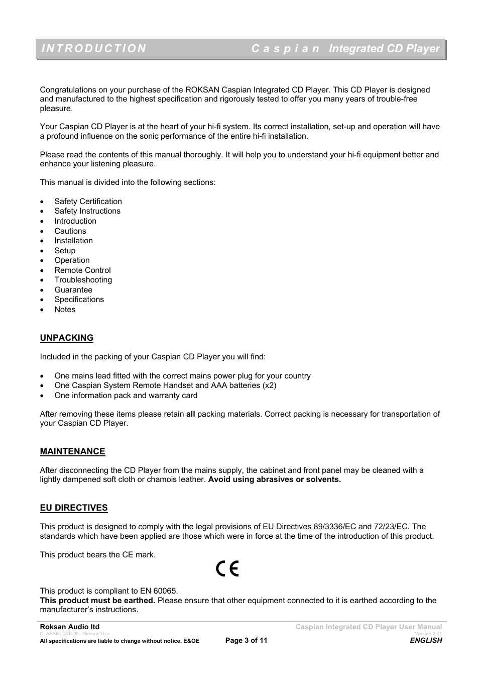 Integrated cd player | Roksan Audio Caspian INTEGRATED CD PLAYER User Manual | Page 3 / 11