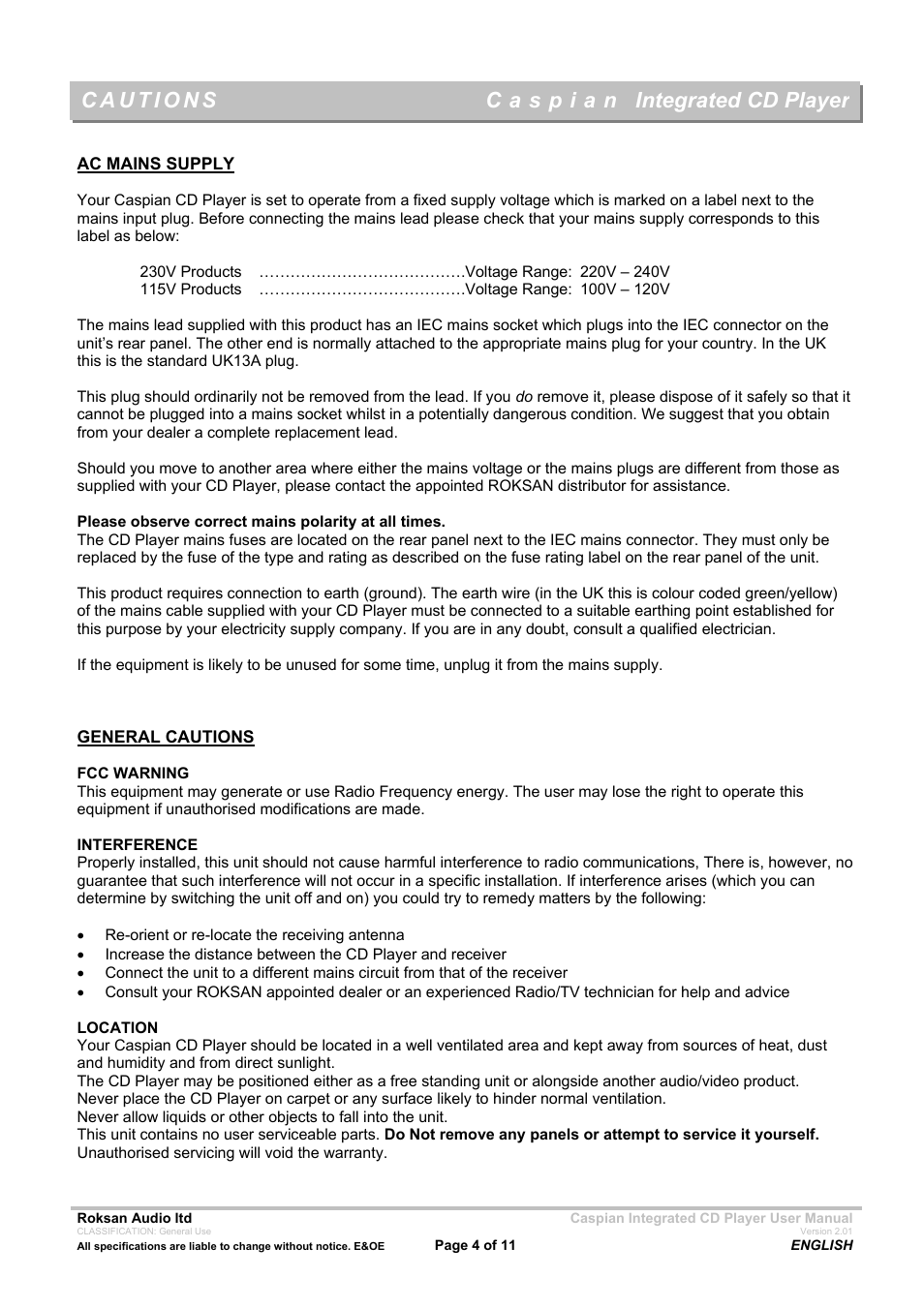 Integrated cd player | Roksan Audio Caspian INTEGRATED CD PLAYER User Manual | Page 4 / 11