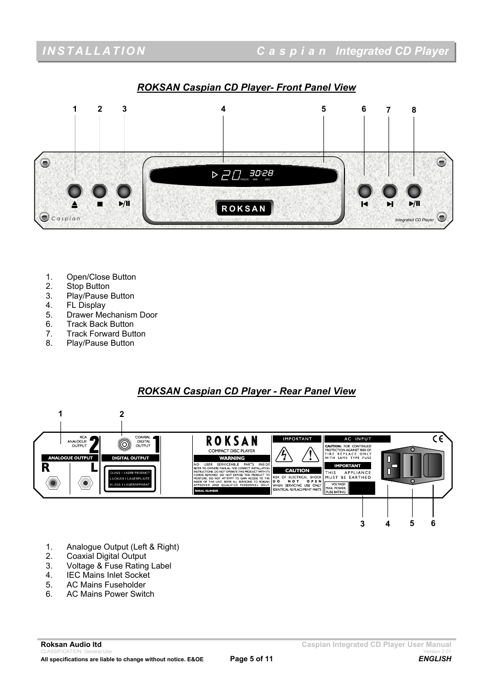 Integrated cd player, Roksan caspian cd player- front panel view, Roksan caspian cd player - rear panel view | Roksan Audio Caspian INTEGRATED CD PLAYER User Manual | Page 5 / 11