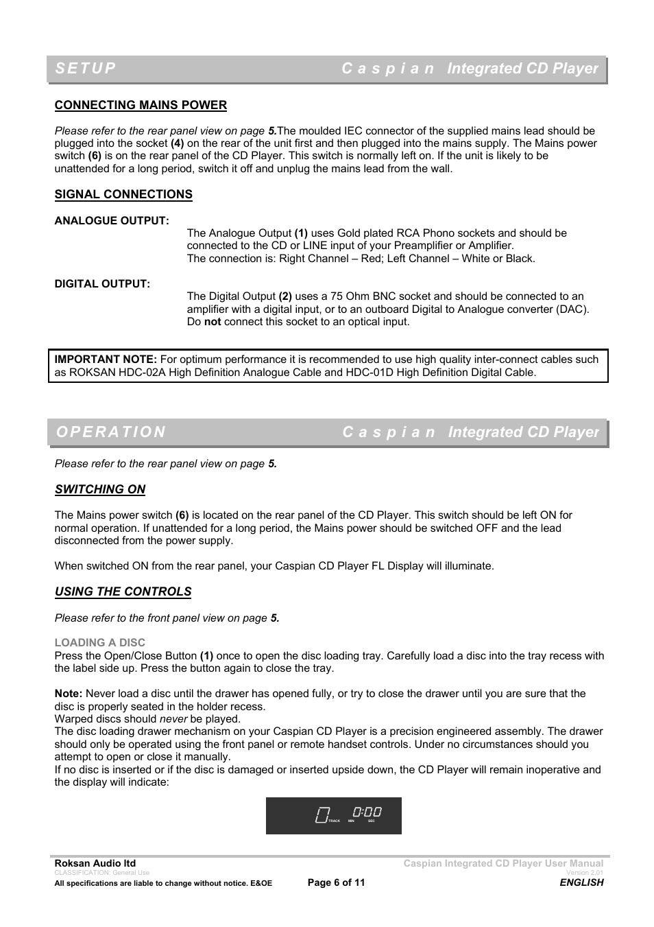 Integrated cd player | Roksan Audio Caspian INTEGRATED CD PLAYER User Manual | Page 6 / 11