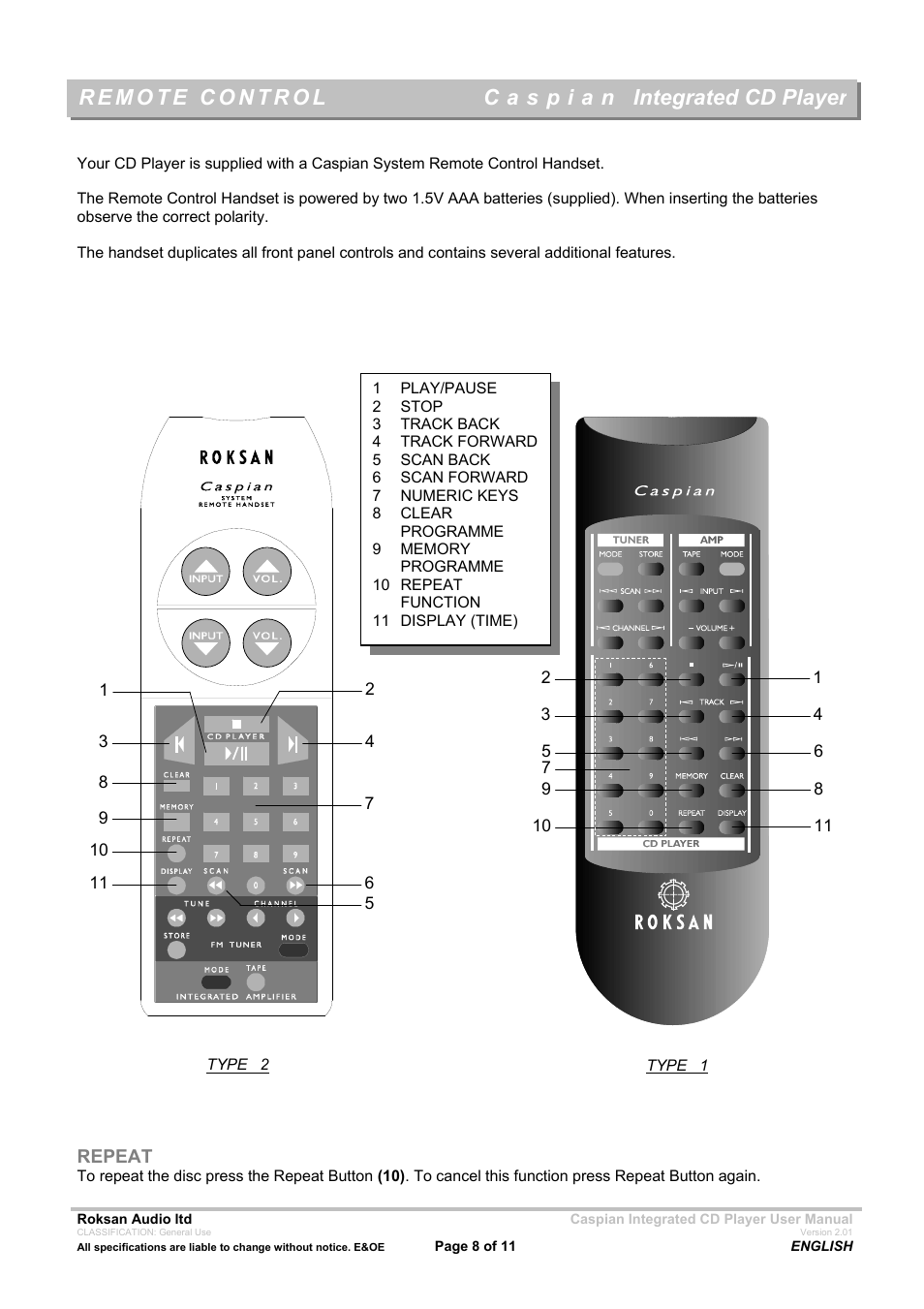 Integrated cd player | Roksan Audio Caspian INTEGRATED CD PLAYER User Manual | Page 8 / 11