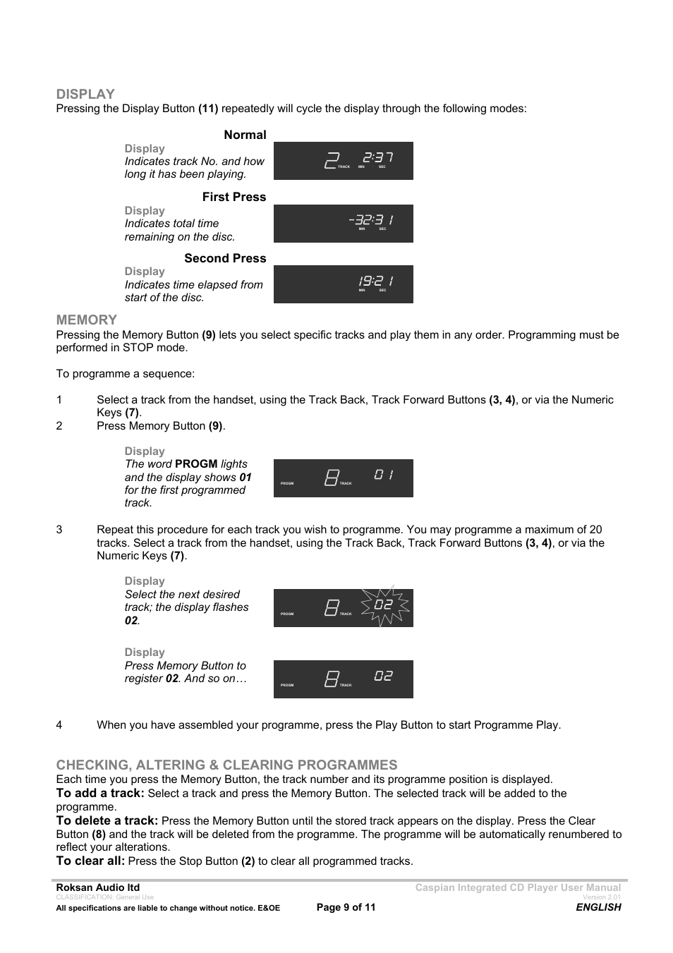Display, Checking, altering & clearing programmes | Roksan Audio Caspian INTEGRATED CD PLAYER User Manual | Page 9 / 11