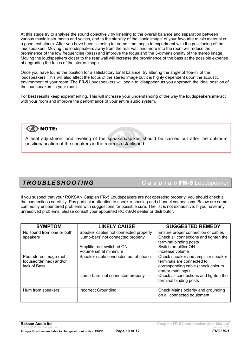 Roksan Audio FR - 5 User Manual | Page 10 / 12