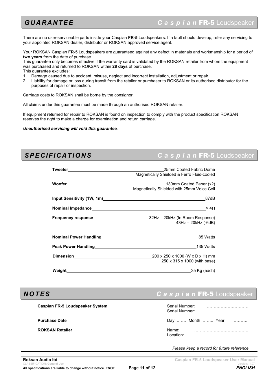 Roksan Audio FR - 5 User Manual | Page 11 / 12