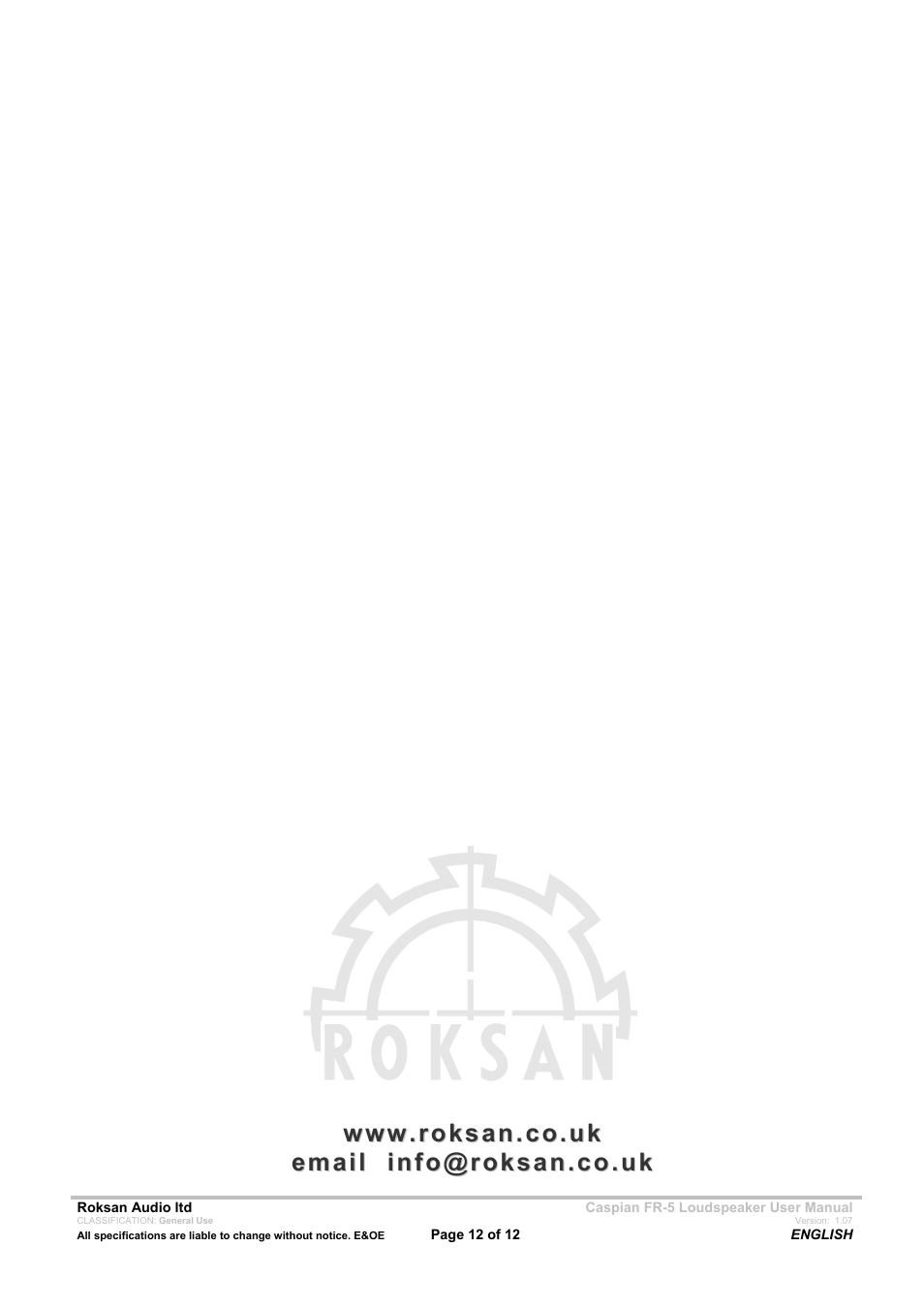 Roksan Audio FR - 5 User Manual | Page 12 / 12