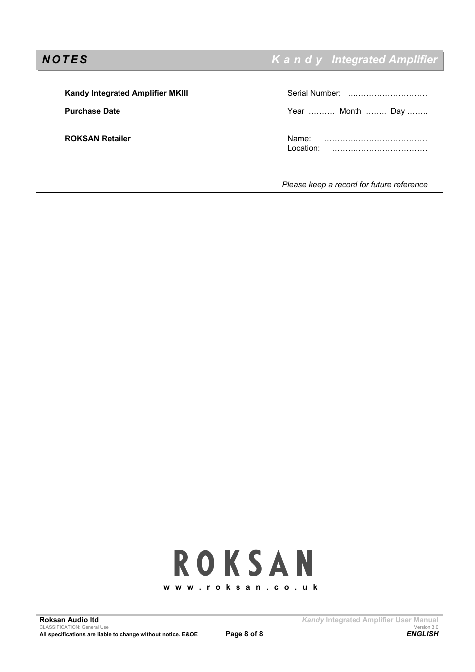 Integrated amplifier | Roksan Audio MK III User Manual | Page 8 / 8