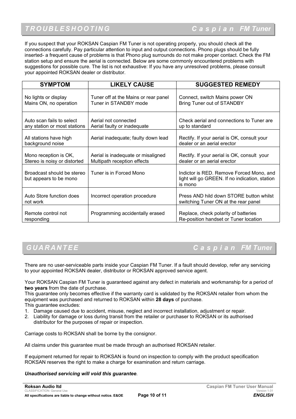 Fm tuner | Roksan Audio Caspian FM TUNER User Manual | Page 10 / 11