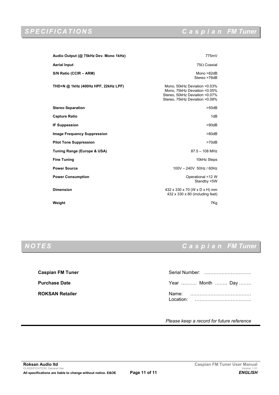 Fm tuner | Roksan Audio Caspian FM TUNER User Manual | Page 11 / 11