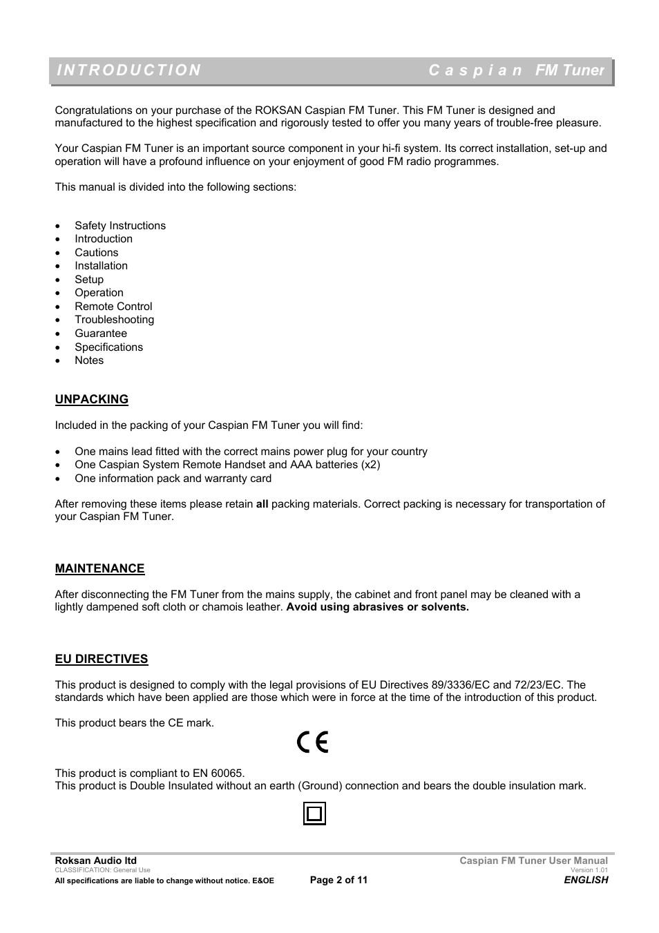 Fm tuner | Roksan Audio Caspian FM TUNER User Manual | Page 2 / 11