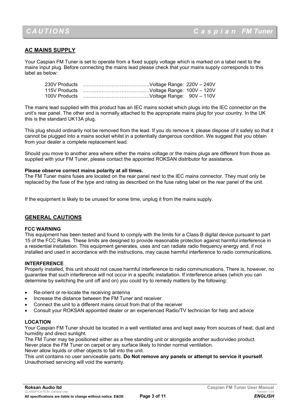 Fm tuner | Roksan Audio Caspian FM TUNER User Manual | Page 3 / 11