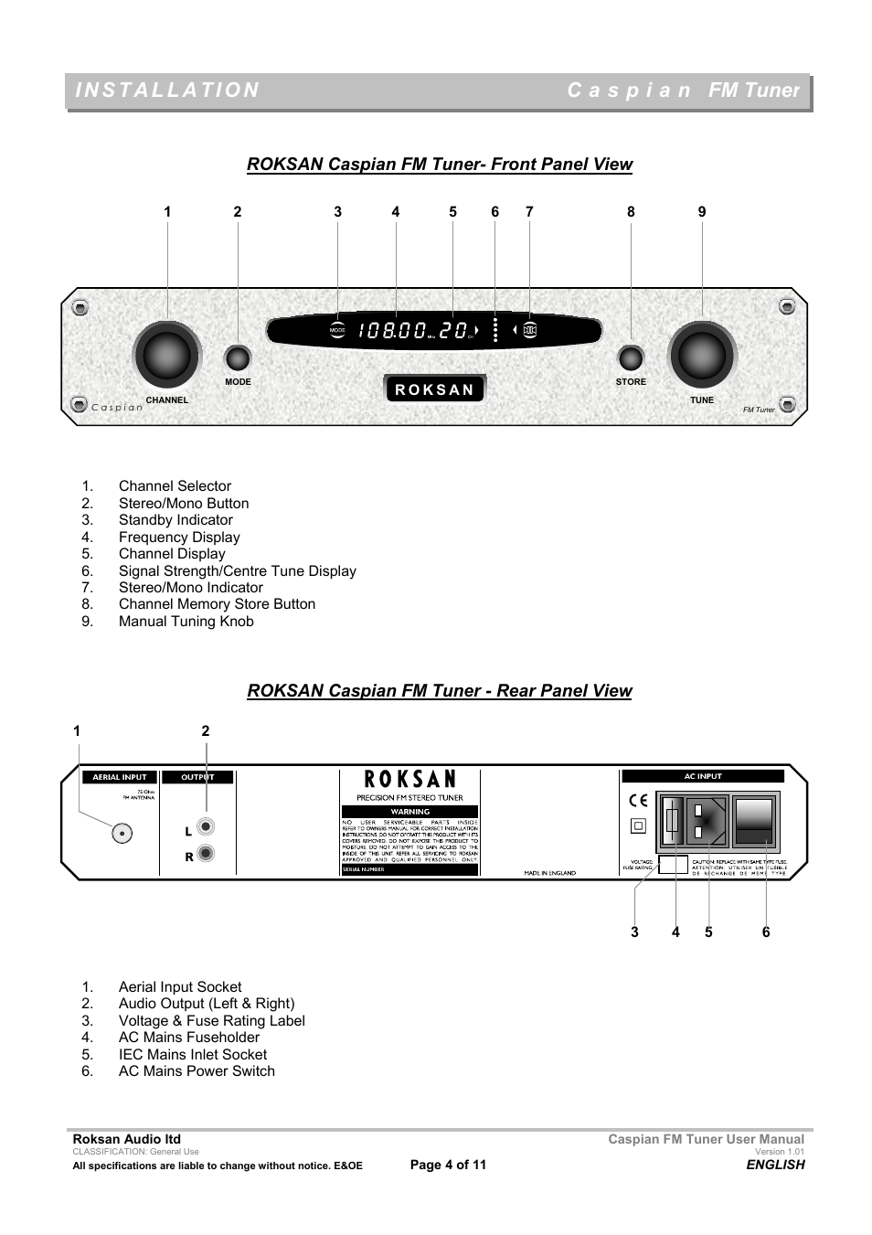 Fm tuner, Roksan caspian fm tuner- front panel view, Roksan caspian fm tuner - rear panel view | Roksan Audio Caspian FM TUNER User Manual | Page 4 / 11