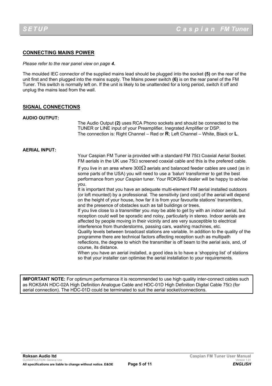 Fm tuner | Roksan Audio Caspian FM TUNER User Manual | Page 5 / 11
