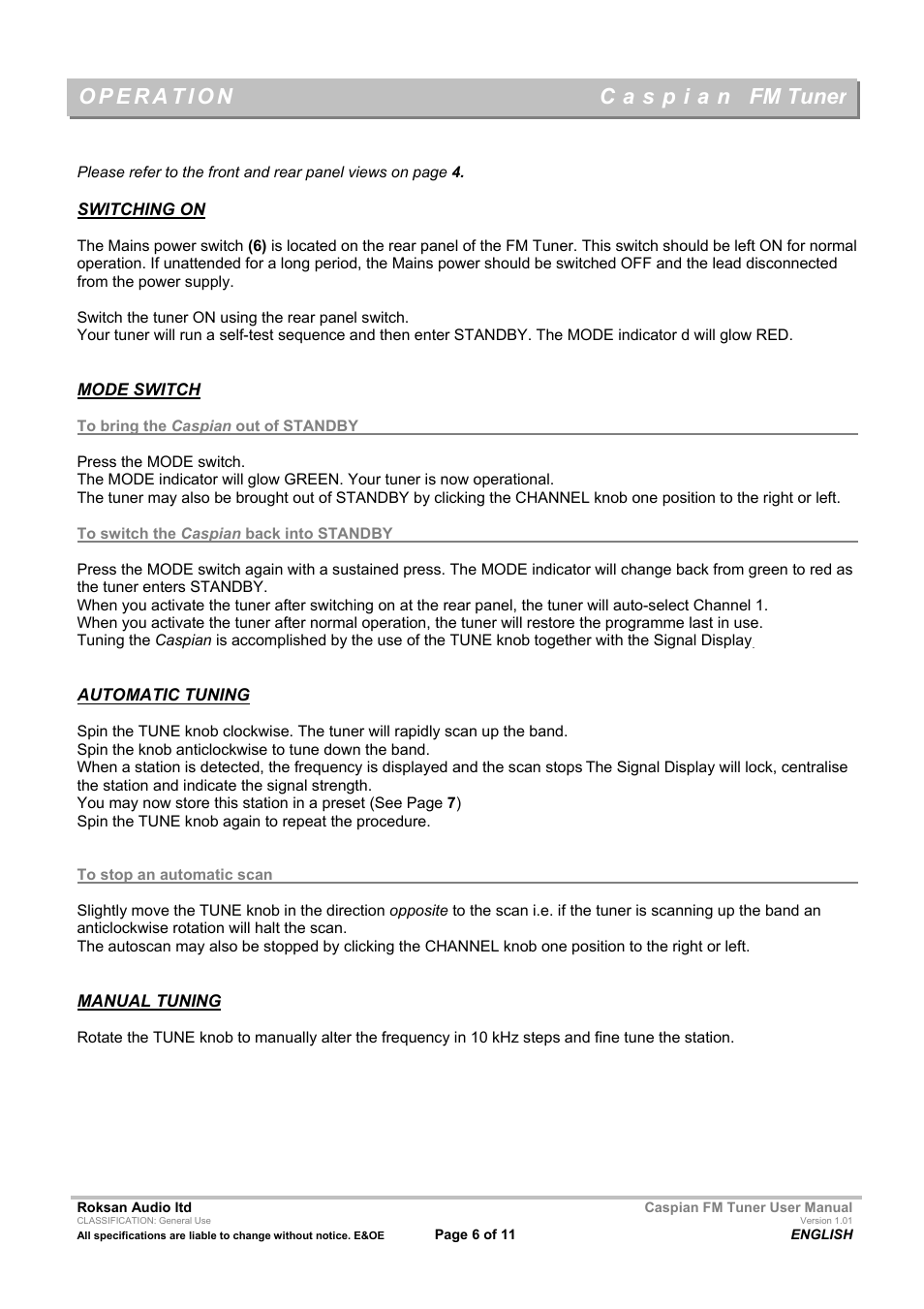 Fm tuner | Roksan Audio Caspian FM TUNER User Manual | Page 6 / 11