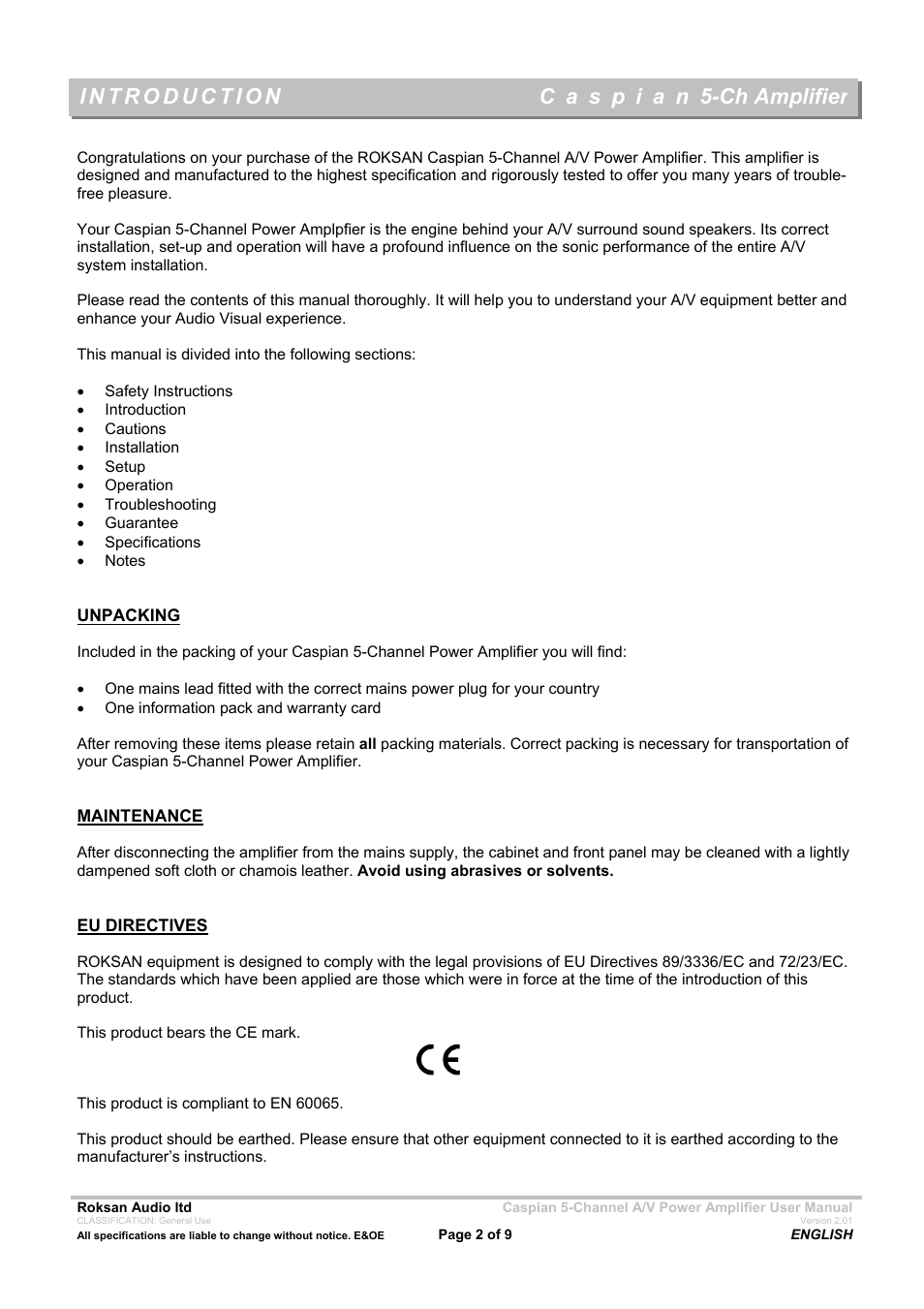 Roksan Audio 5-CH AMPLIFIER User Manual | Page 2 / 9