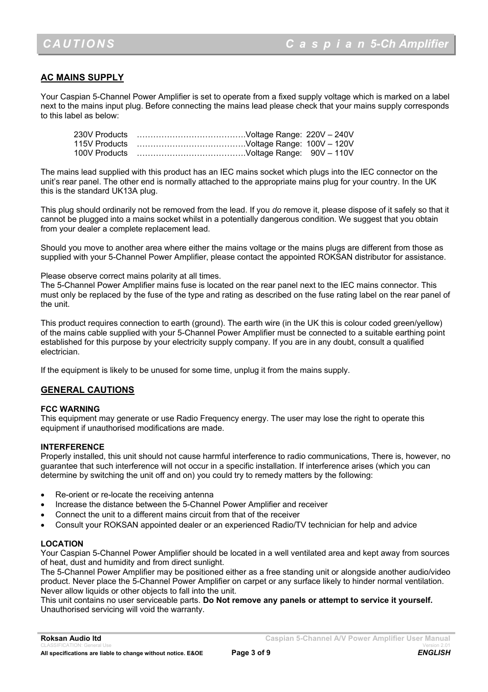 Roksan Audio 5-CH AMPLIFIER User Manual | Page 3 / 9