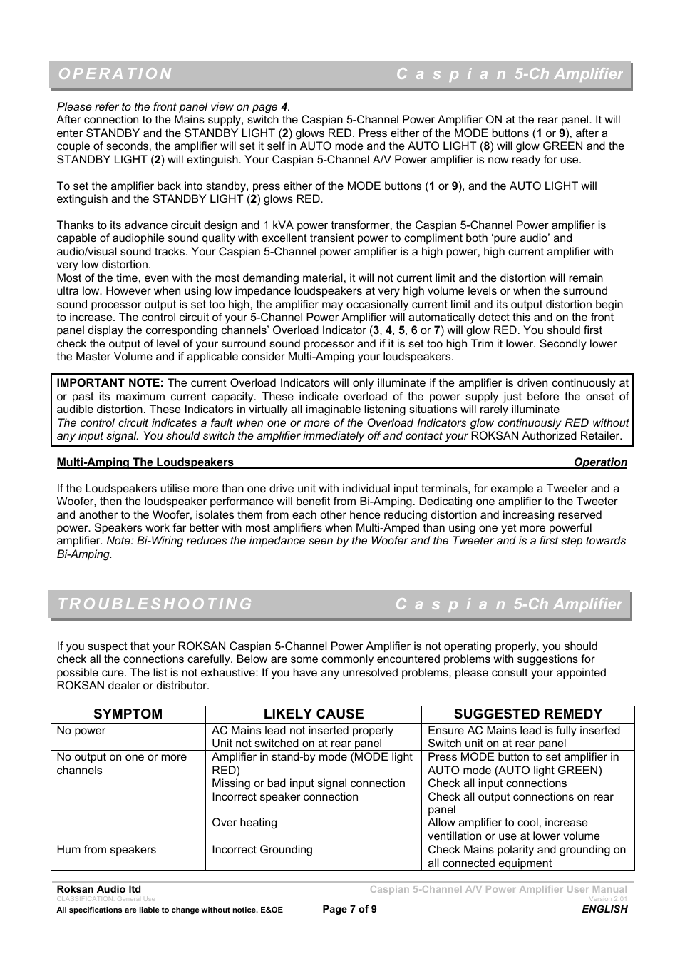 Roksan Audio 5-CH AMPLIFIER User Manual | Page 7 / 9