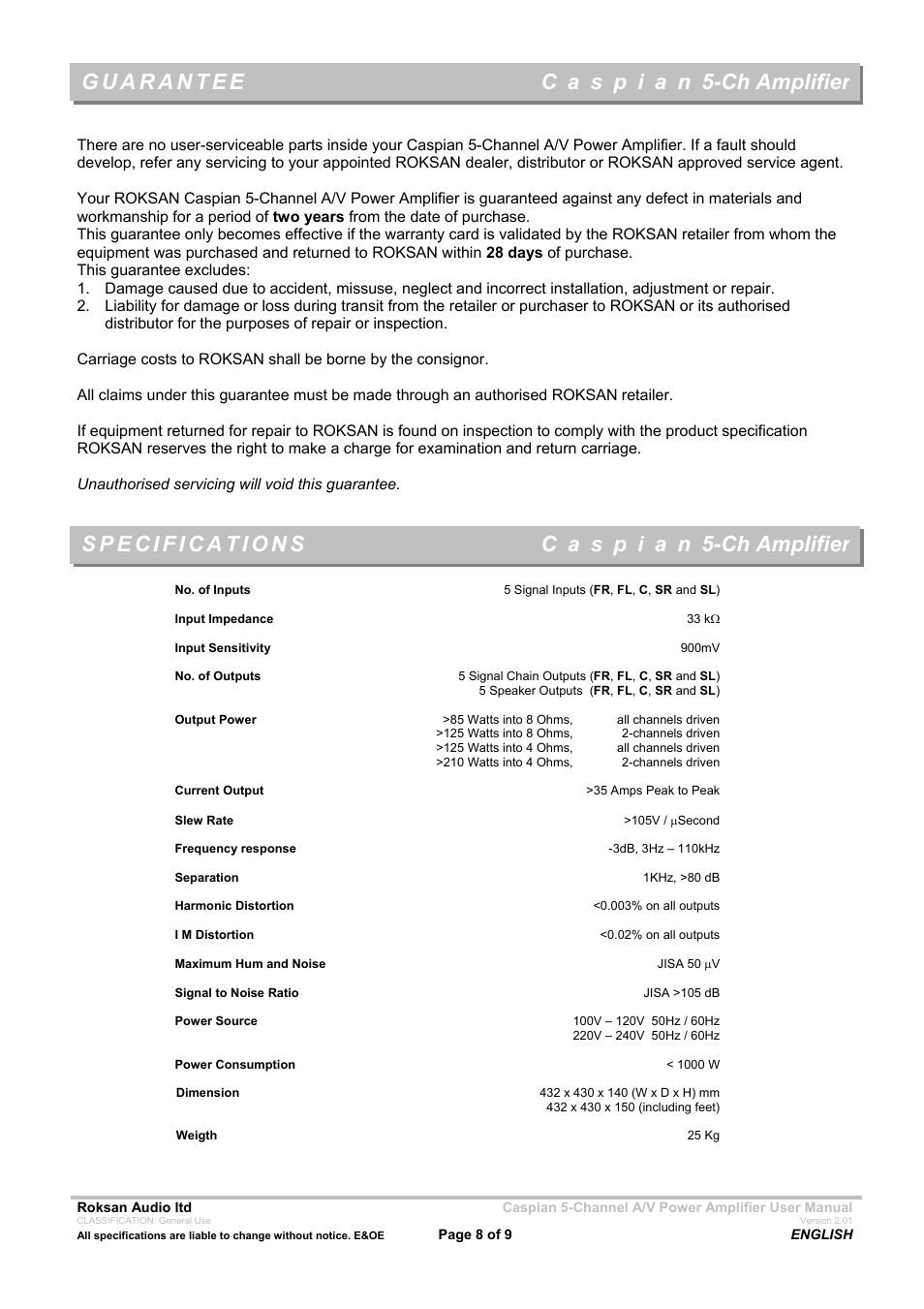 Roksan Audio 5-CH AMPLIFIER User Manual | Page 8 / 9