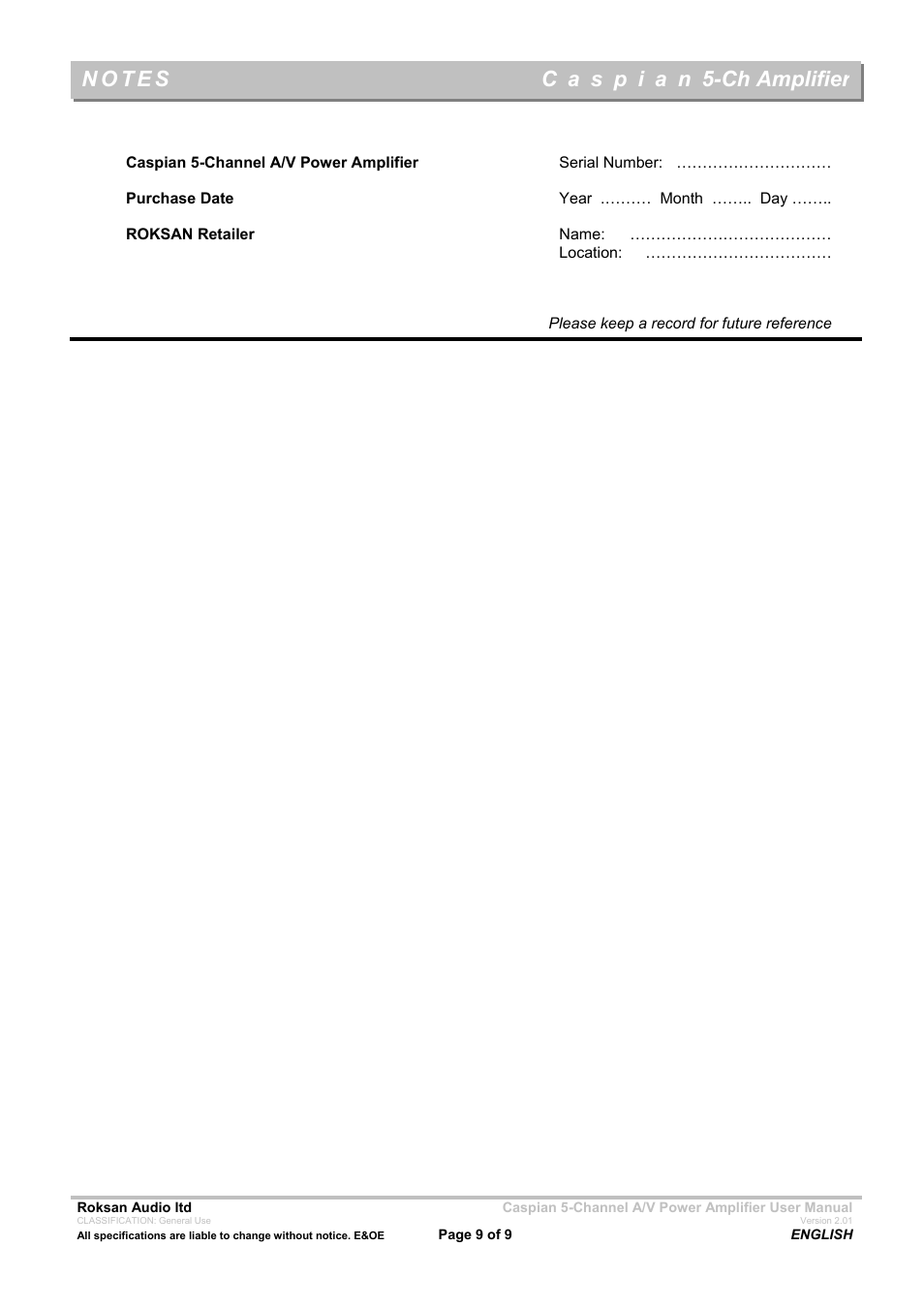 Roksan Audio 5-CH AMPLIFIER User Manual | Page 9 / 9