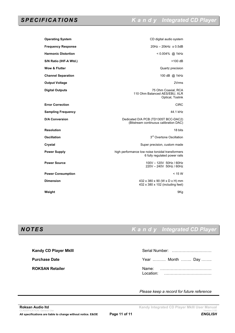 Roksan Audio Kandy MkIII User Manual | Page 11 / 11