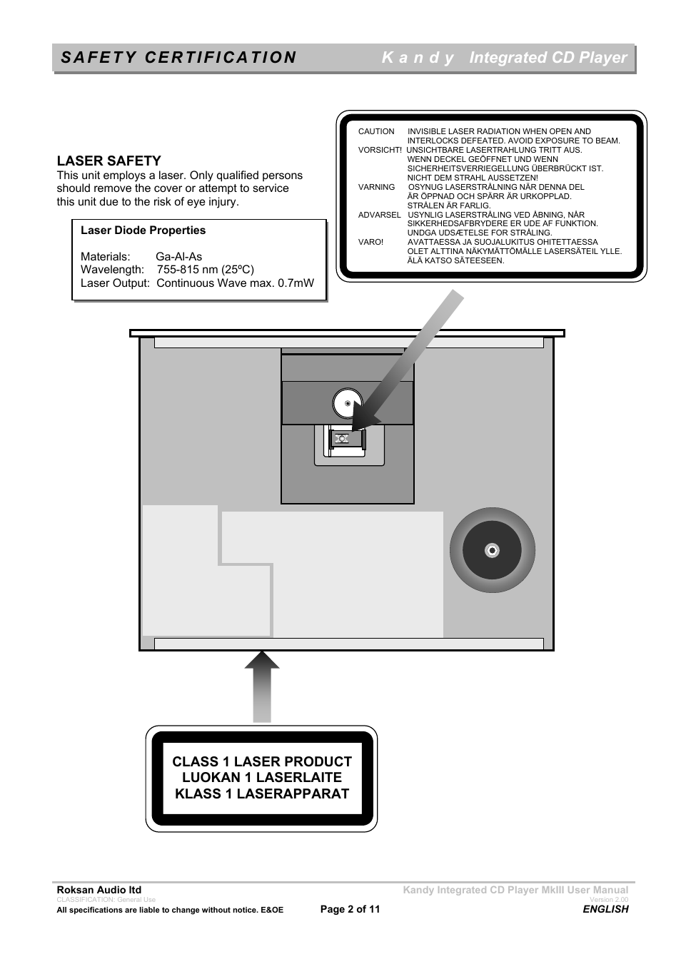 Laser safety | Roksan Audio Kandy MkIII User Manual | Page 2 / 11