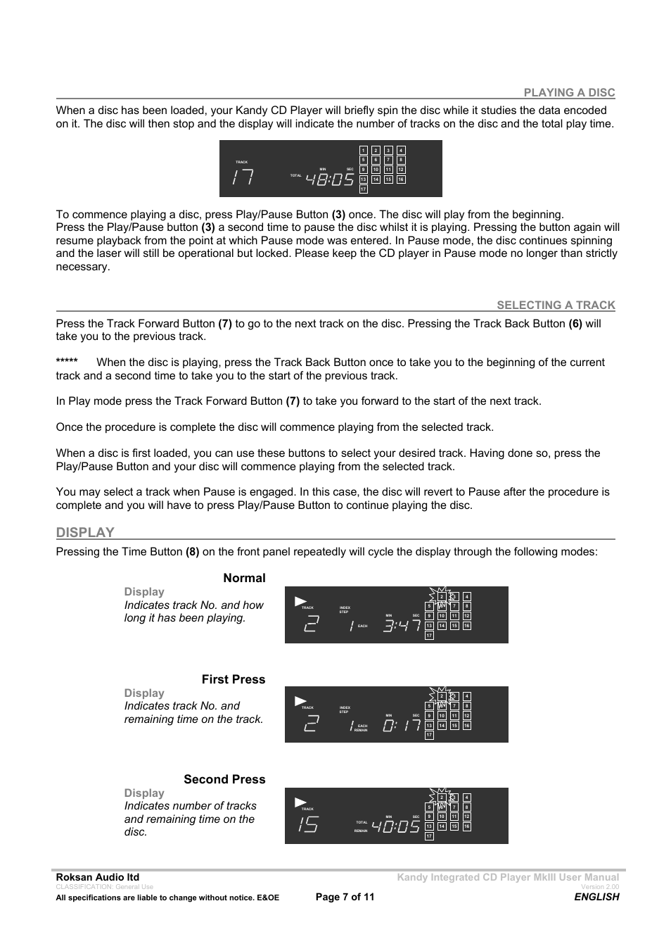 Display, Normal, Second press | First press, Playing a disc, Page 7 of 11 english | Roksan Audio Kandy MkIII User Manual | Page 7 / 11
