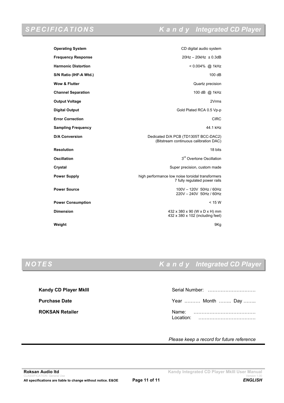 Roksan Audio MK111 User Manual | Page 11 / 11