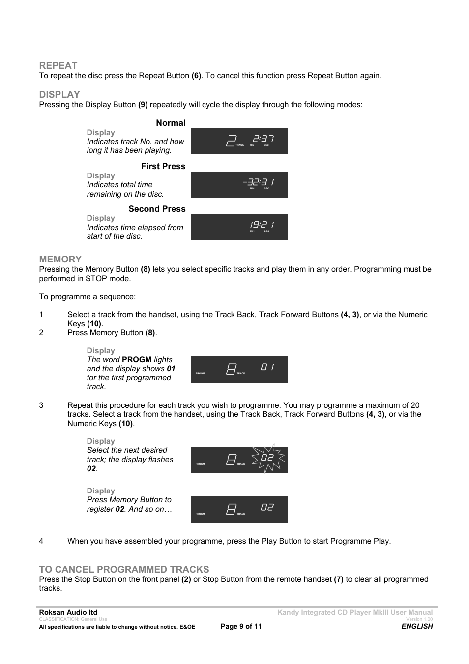 Repeat, Display | Roksan Audio MK111 User Manual | Page 9 / 11