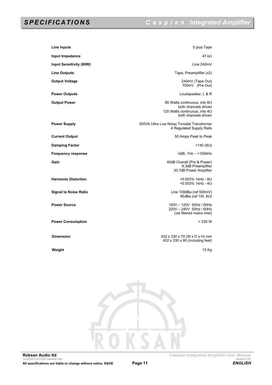 Integrated amplifier | Roksan Audio M series --1 User Manual | Page 11 / 11
