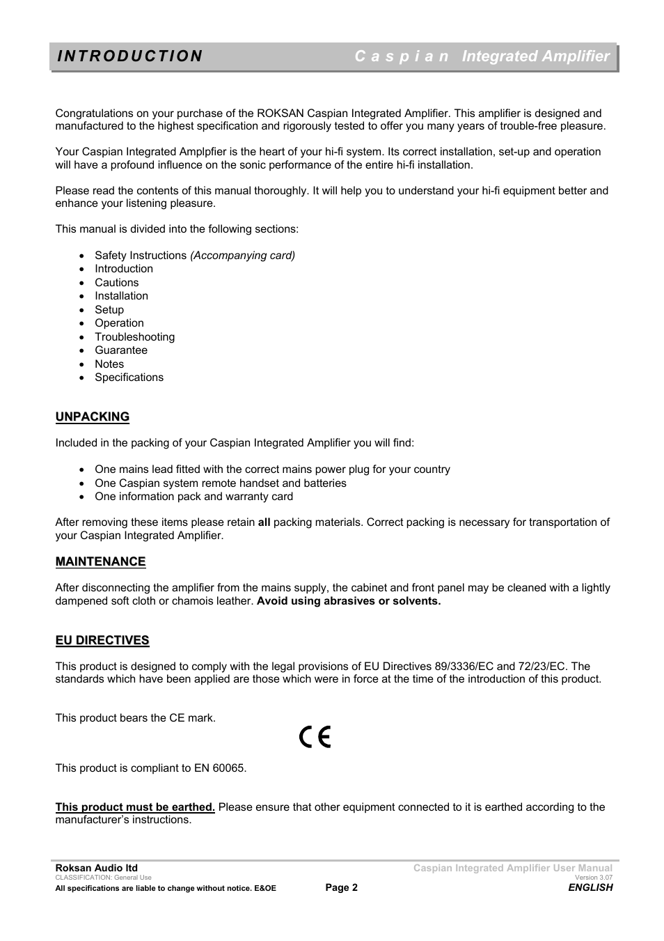 Integrated amplifier | Roksan Audio M series --1 User Manual | Page 2 / 11