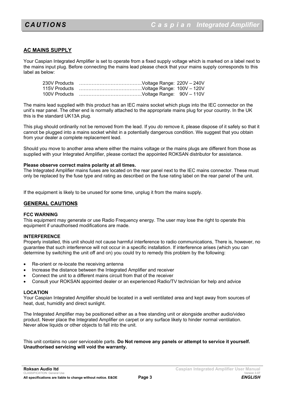 Integrated amplifier | Roksan Audio M series --1 User Manual | Page 3 / 11