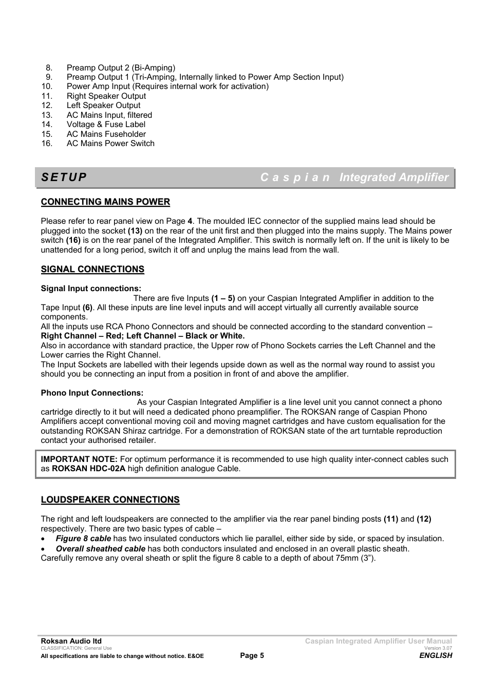 Integrated amplifier | Roksan Audio M series --1 User Manual | Page 5 / 11