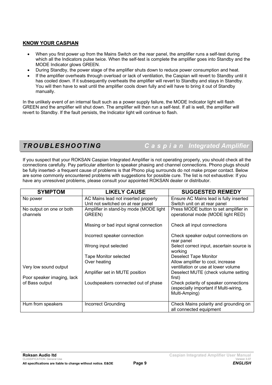 Integrated amplifier | Roksan Audio M series --1 User Manual | Page 9 / 11