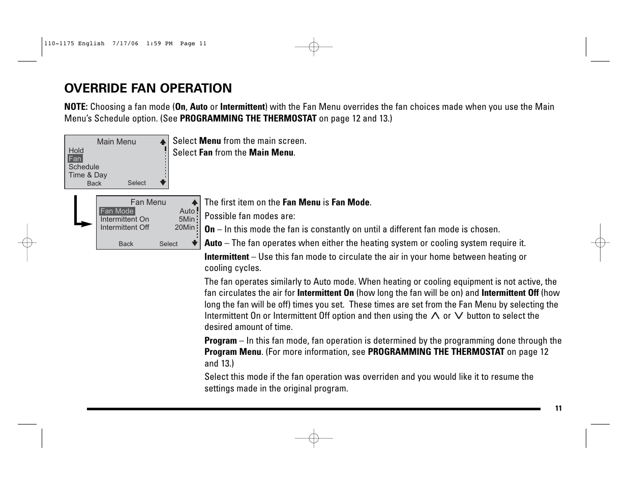 Override fan operation | Robertshaw 9825I2 User Manual | Page 11 / 36