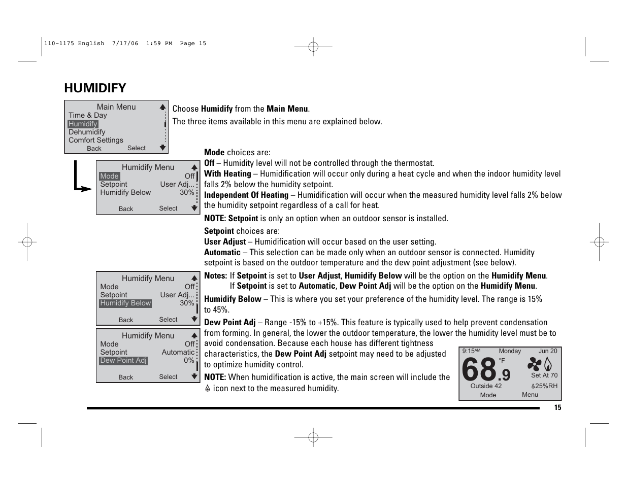 Humidify | Robertshaw 9825I2 User Manual | Page 15 / 36