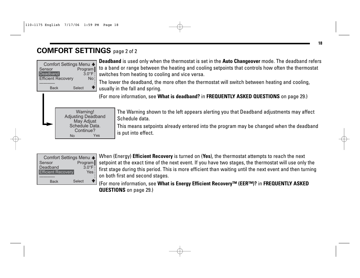 Comfort settings | Robertshaw 9825I2 User Manual | Page 18 / 36