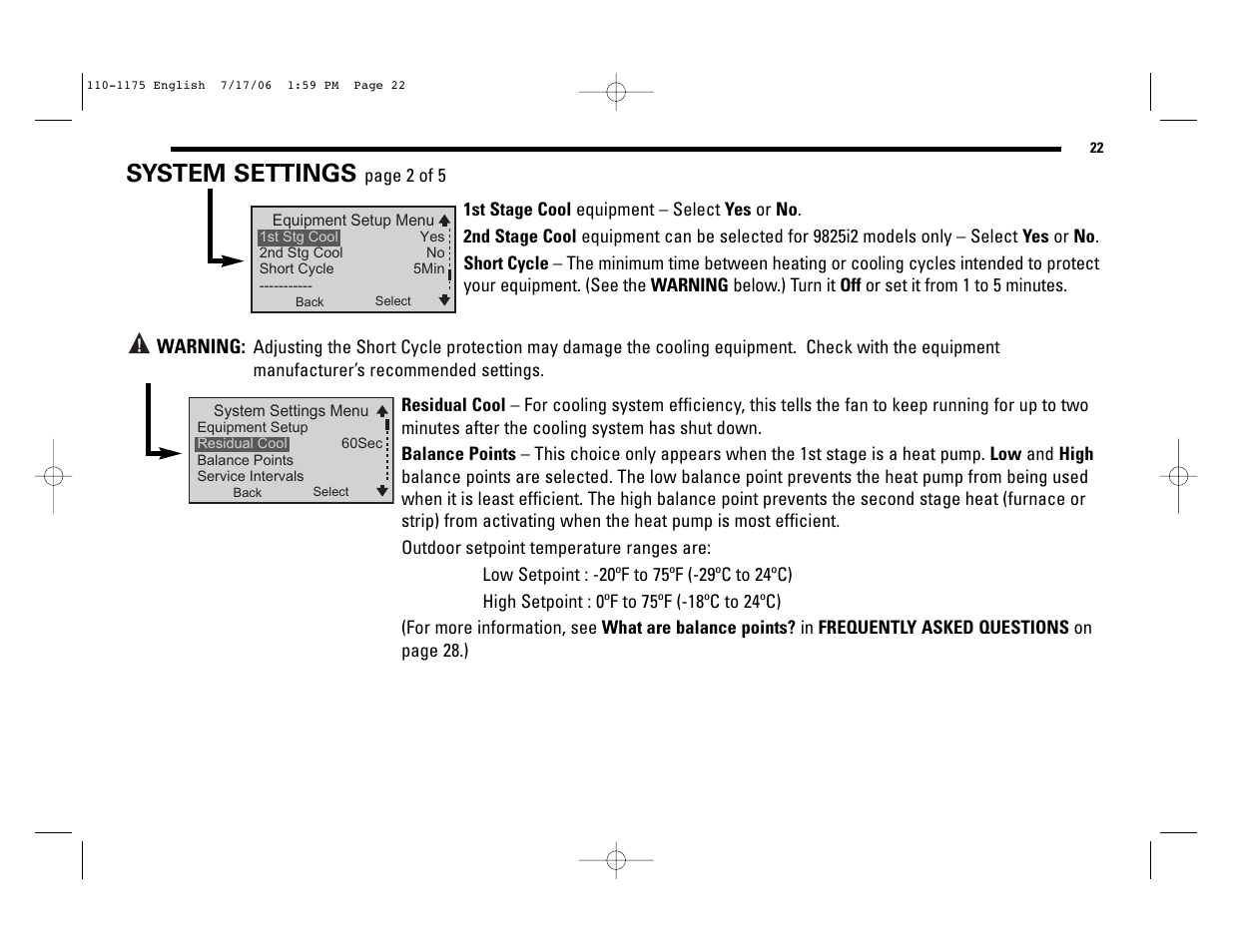 System settings | Robertshaw 9825I2 User Manual | Page 22 / 36