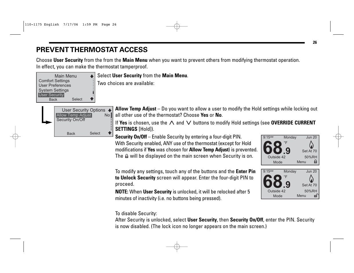 Prevent thermostat access | Robertshaw 9825I2 User Manual | Page 26 / 36