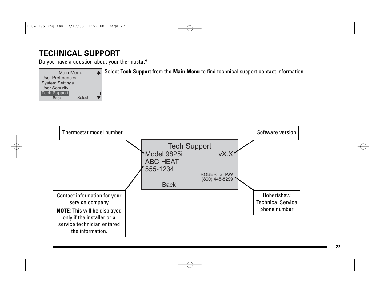 Technical support, Tech support | Robertshaw 9825I2 User Manual | Page 27 / 36