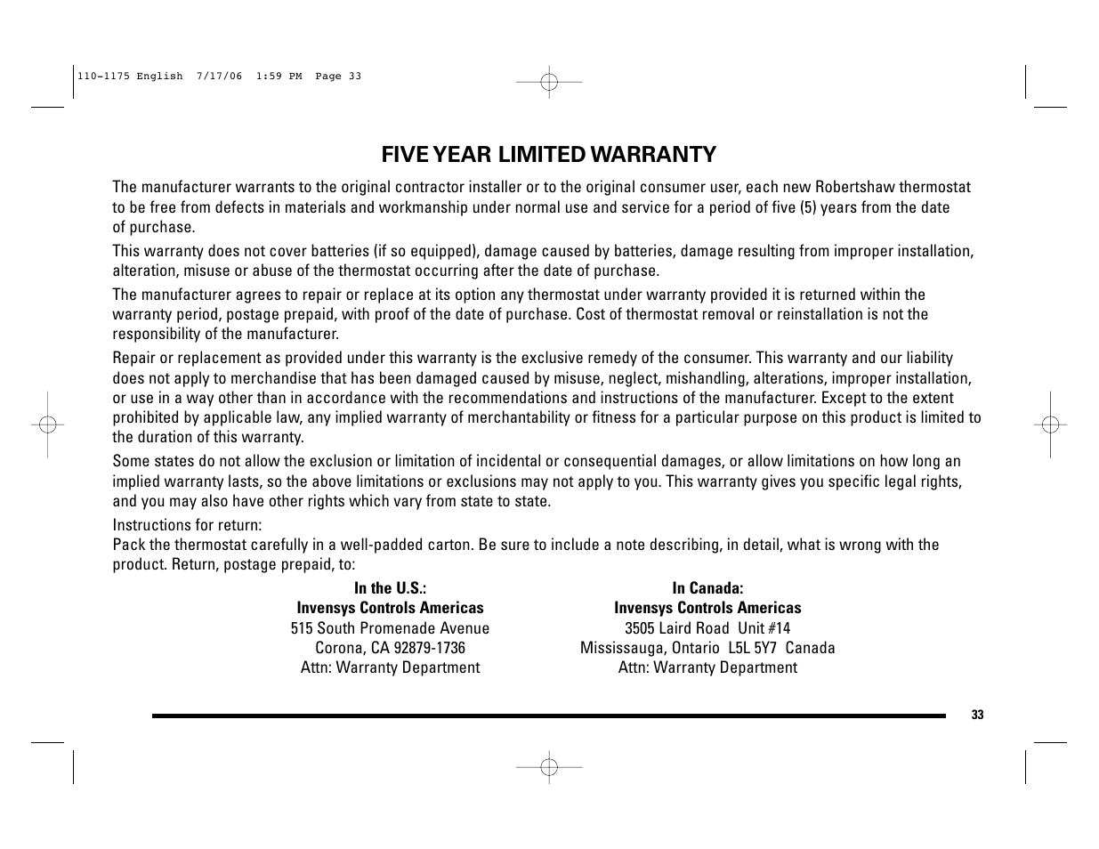 Five year limited warranty | Robertshaw 9825I2 User Manual | Page 33 / 36