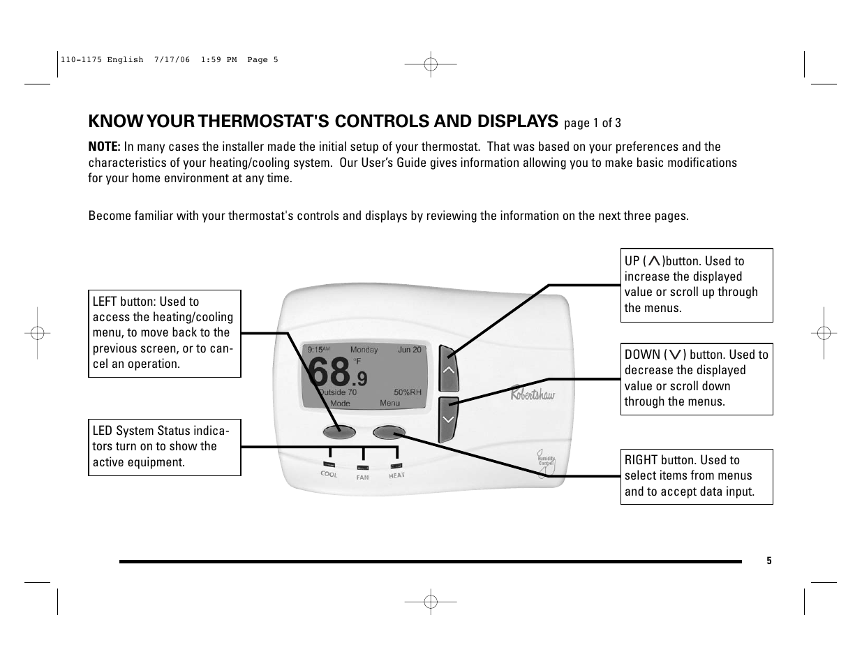 Know your thermostat's controls and displays | Robertshaw 9825I2 User Manual | Page 5 / 36