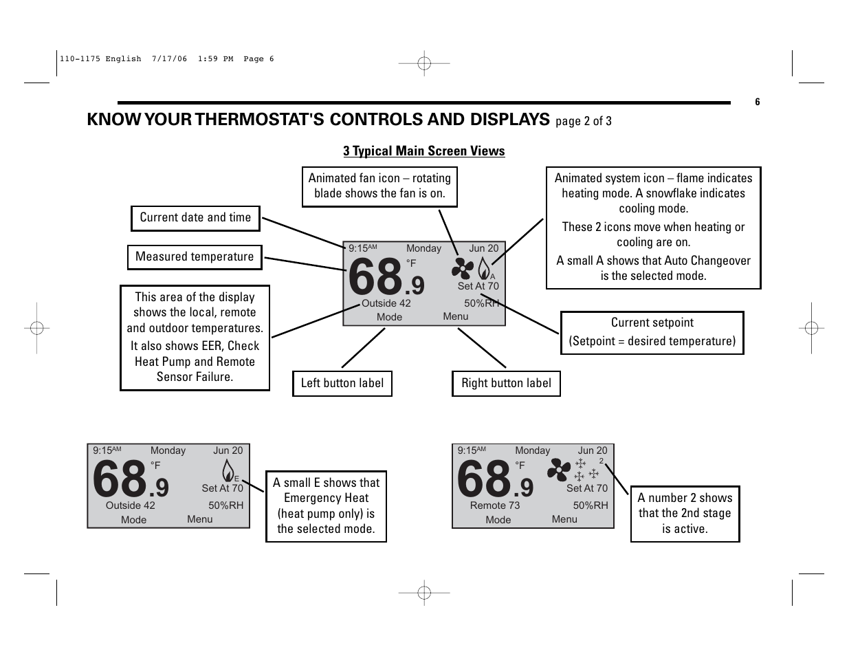 Know your thermostat's controls and displays | Robertshaw 9825I2 User Manual | Page 6 / 36