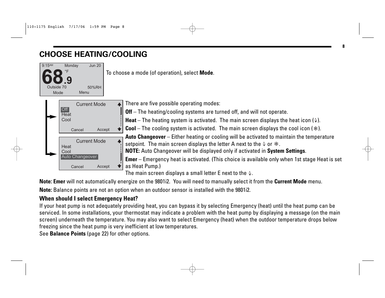 Choose heating/cooling | Robertshaw 9825I2 User Manual | Page 8 / 36