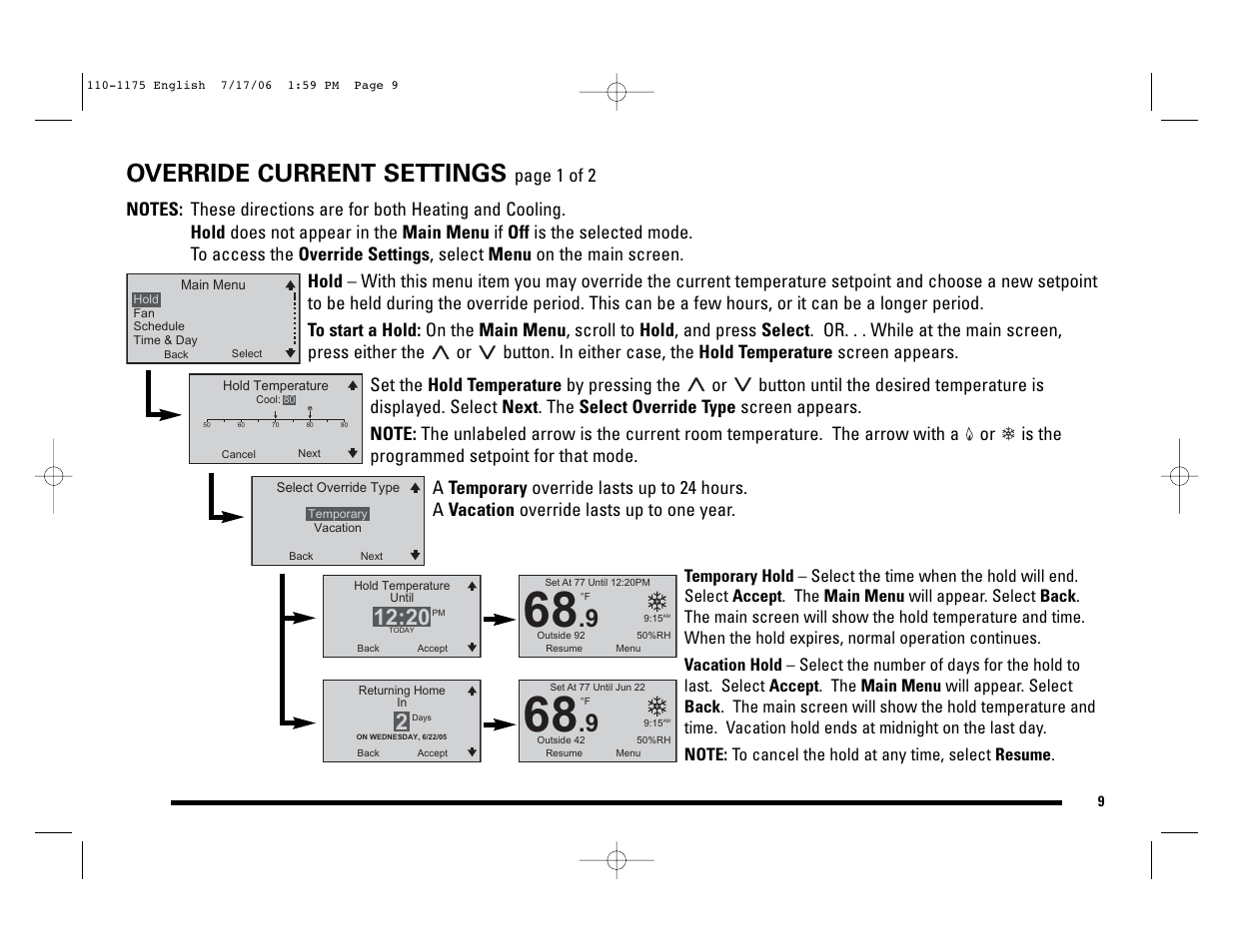 Override current settings | Robertshaw 9825I2 User Manual | Page 9 / 36